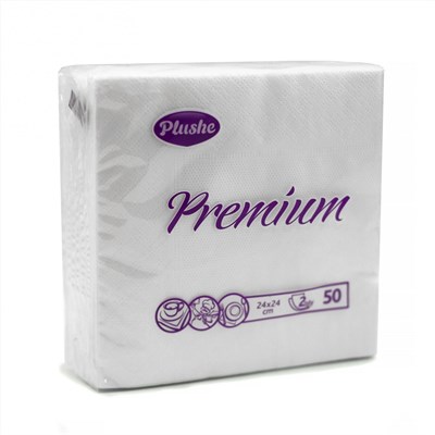 Салфетки бумажные Plushe Premium 24*24 (плюше премиум) 2-х слойные 50л, белый 1/30 в уп ЮГ НФ-00015353