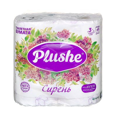 Туалетная бумага Plushe Deluxe Light "Сирень" (плюше делюкс) 4 рулона 15м, 3-х слойная, 1/12 в уп ЮГ НФ-00015368