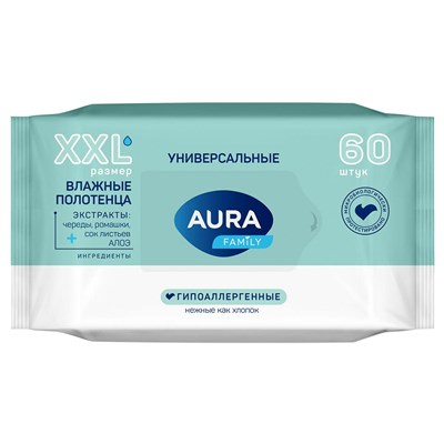 Полотенца влажные (60шт) AURA FAMILY (10уп) НФ-00020655
