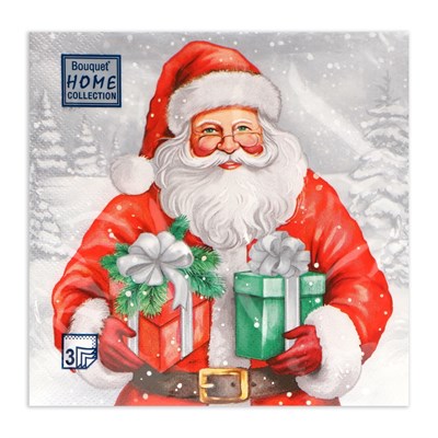 НГ Салфетки 33х33, 20 шт,3 сл. (12 уп)  ДЕДУШКА МОРОЗ С ПОДАРКАМИ/СЕРЕБРО НФ-00025795