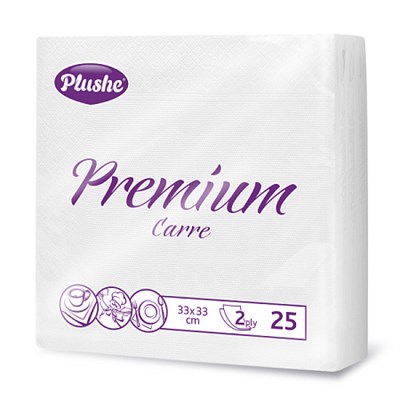 Салфетки бумажные Plushe premium carre 33*33 (плюше премиум) 2-х слойные 25л, белая, 1/30 в кор ЮГ НФ-00015354