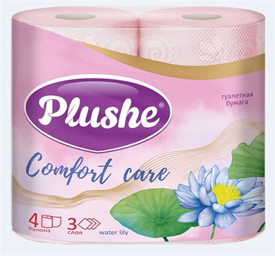 Туалетная бумага Plushe «Comfort care» water lily, розовый, аромат., 4 рул., 3 слоя (12 в уп) ЮГ НФ-00021604