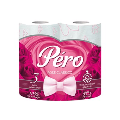 Туалетная бумага PERO ROSE(Перо) 3сл 4рул 16,3м, 12 в тр.уп., белый цв. прокрасом 15 гр  НФ-00016860
